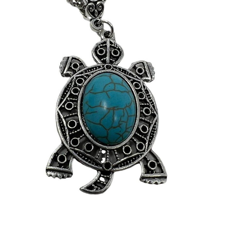 Turtle Necklace Silver Tone Faux‎ Turquoise Scroll Openwork 16-19 in